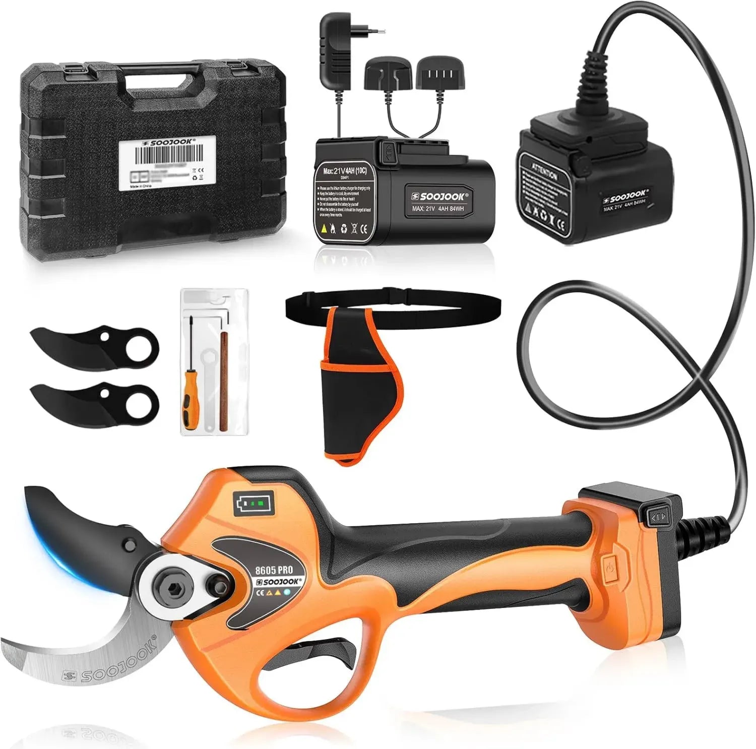 Elektrische Profi-Astschere 8605PRO, 40mm Schnittstärke, 1050W Leistung, 2x 21V 4Ah Akkus
